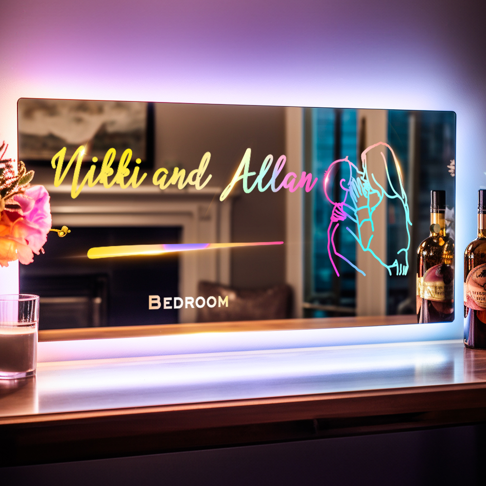 Personalized Line Photo Engraved Mirror Light Bedroom Sign Custom Mirror Neon Signs Wall Decor, Custom Name Sign for Bedroom,Christmas Valentine's Day - soufeelus