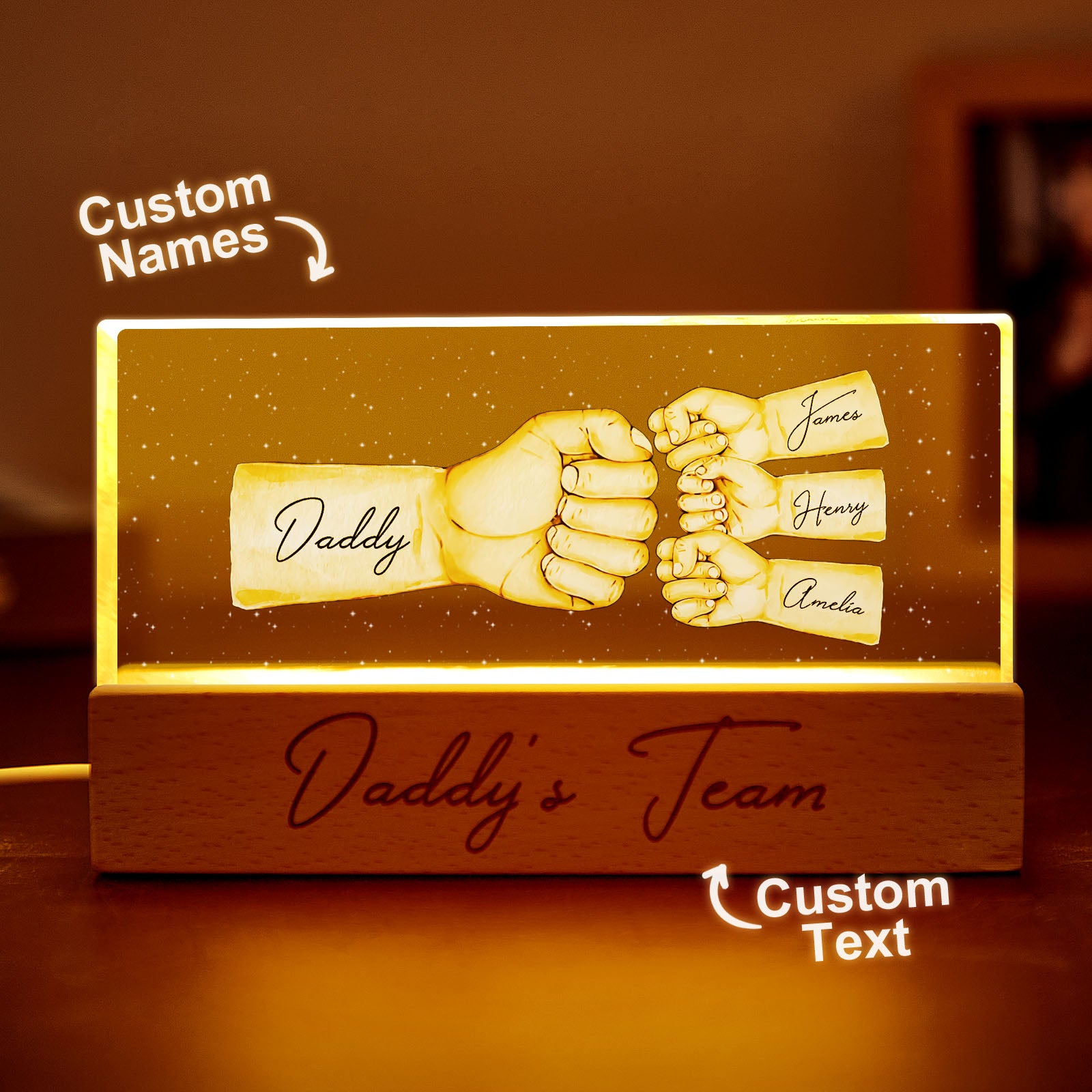 Custom Acrylic LED Night Light Personalized Daddy's Team Fist Bump Father's Day Gift For Dad - soufeelus