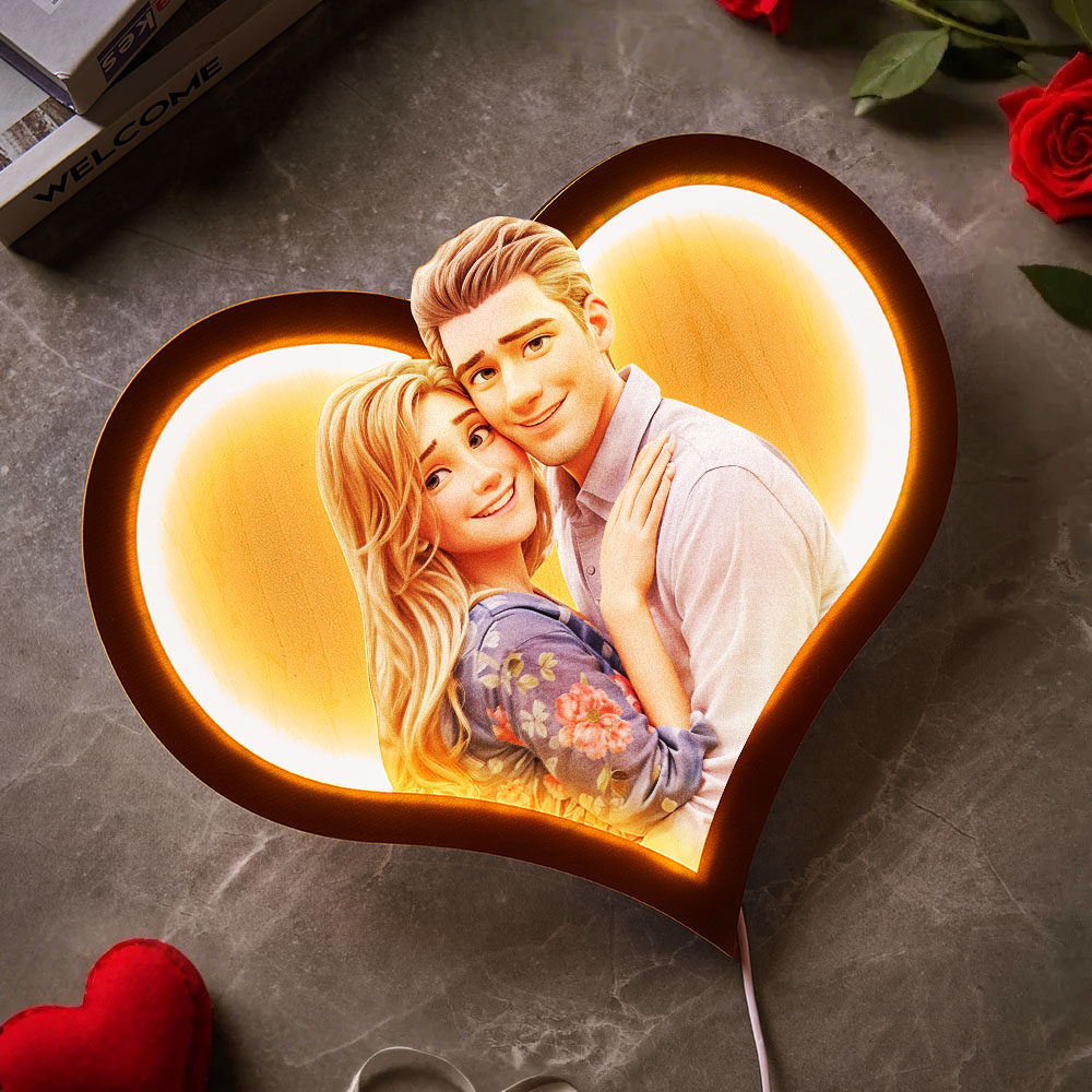 Personalized Heart Photo Cartoon Portrait Frame with LED - soufeelus