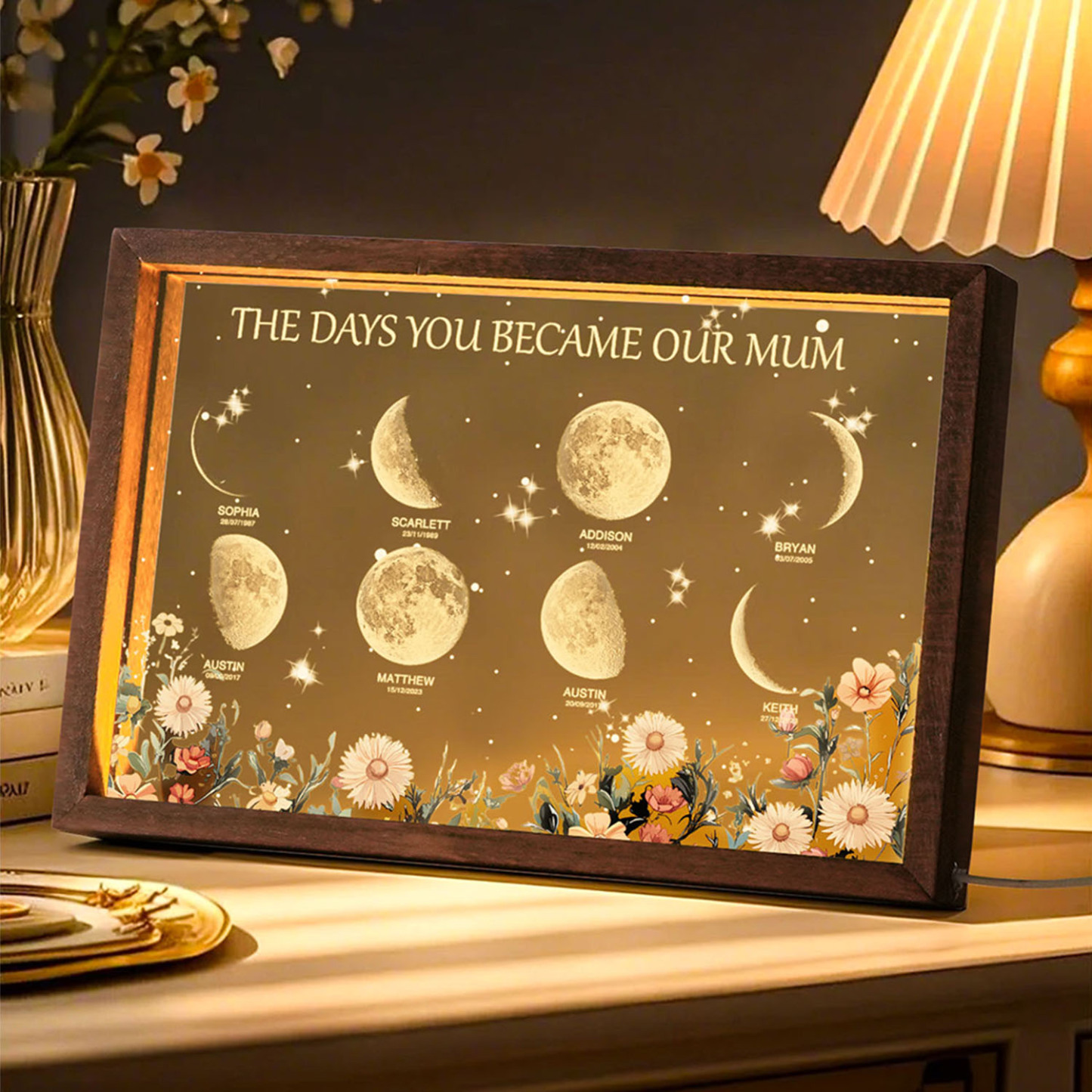Personalized The Days You Became Our Mum Moon Phase Lightbox Mother's Day GiftsWood Base