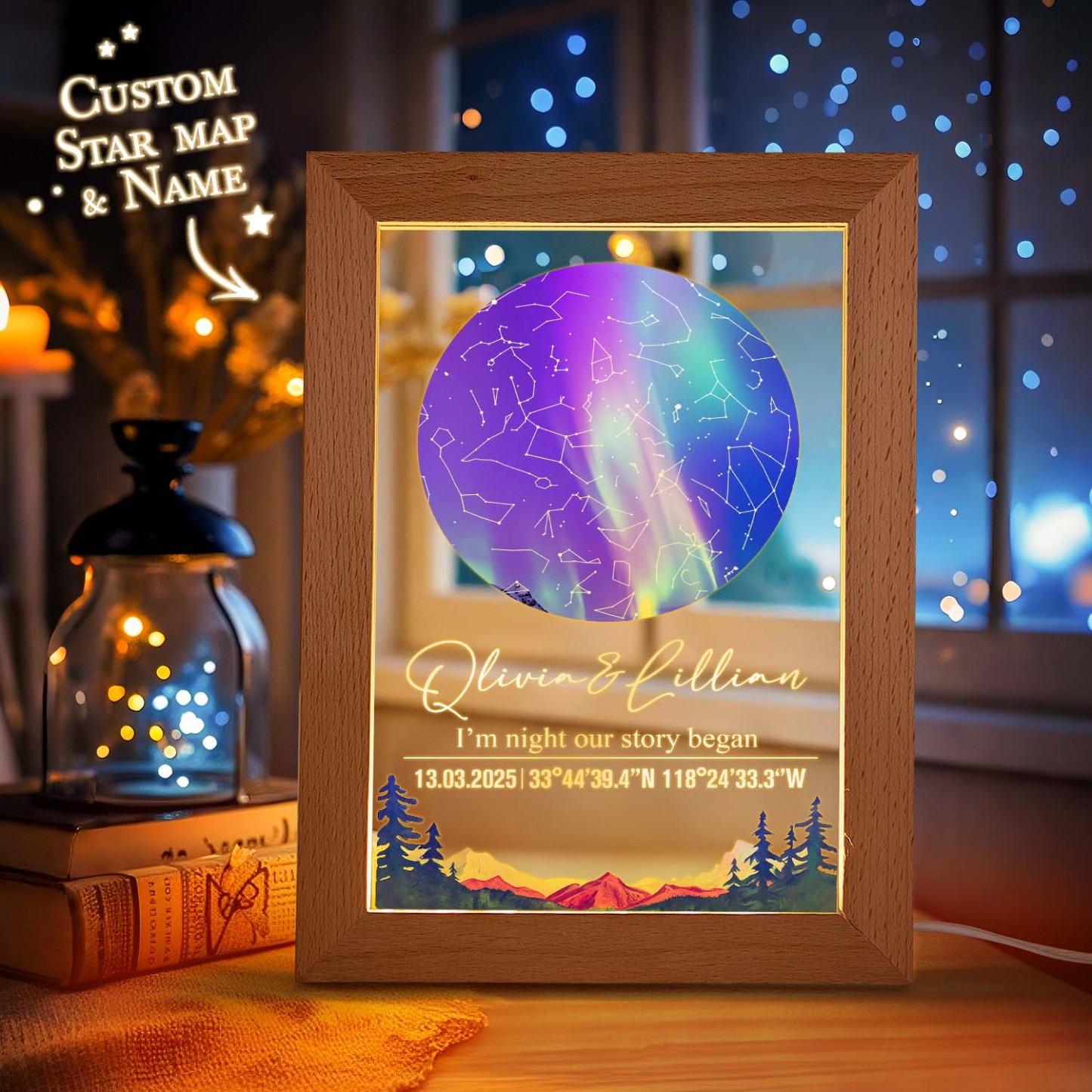 Custom Star Map Night Light Acrylic Lamp with Date Text and Wooden Base Home Decor for Valentine’s Day Anniversary Gift for Couples