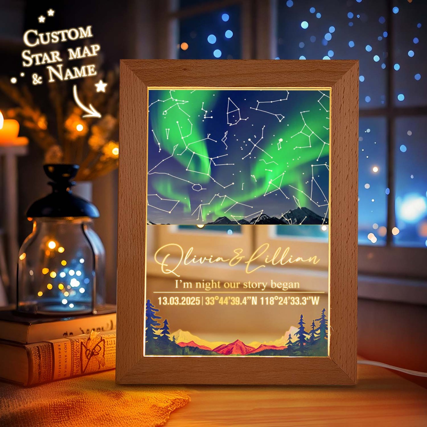 Custom Star Map Night Light Acrylic Lamp with Date Text and Wooden Base Home Decor for Valentine’s Day Anniversary Gift for Couples