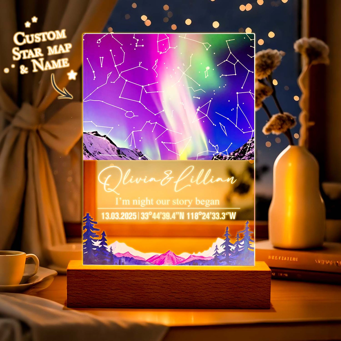 Custom Star Map Night Light Acrylic Lamp with Date Text and Wooden Base Home Decor for Valentine’s Day Anniversary Gift for Couples