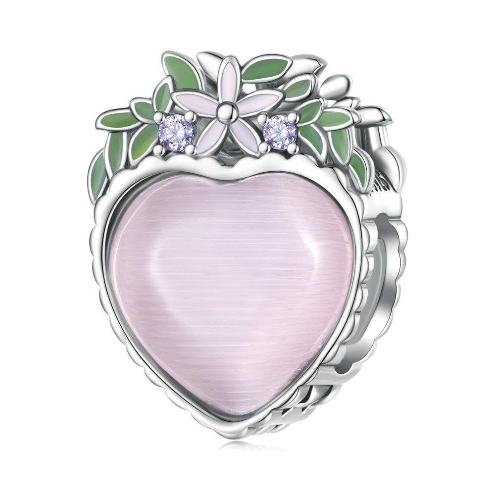 pink heart green leaf charm 925 sterling silver xs2129