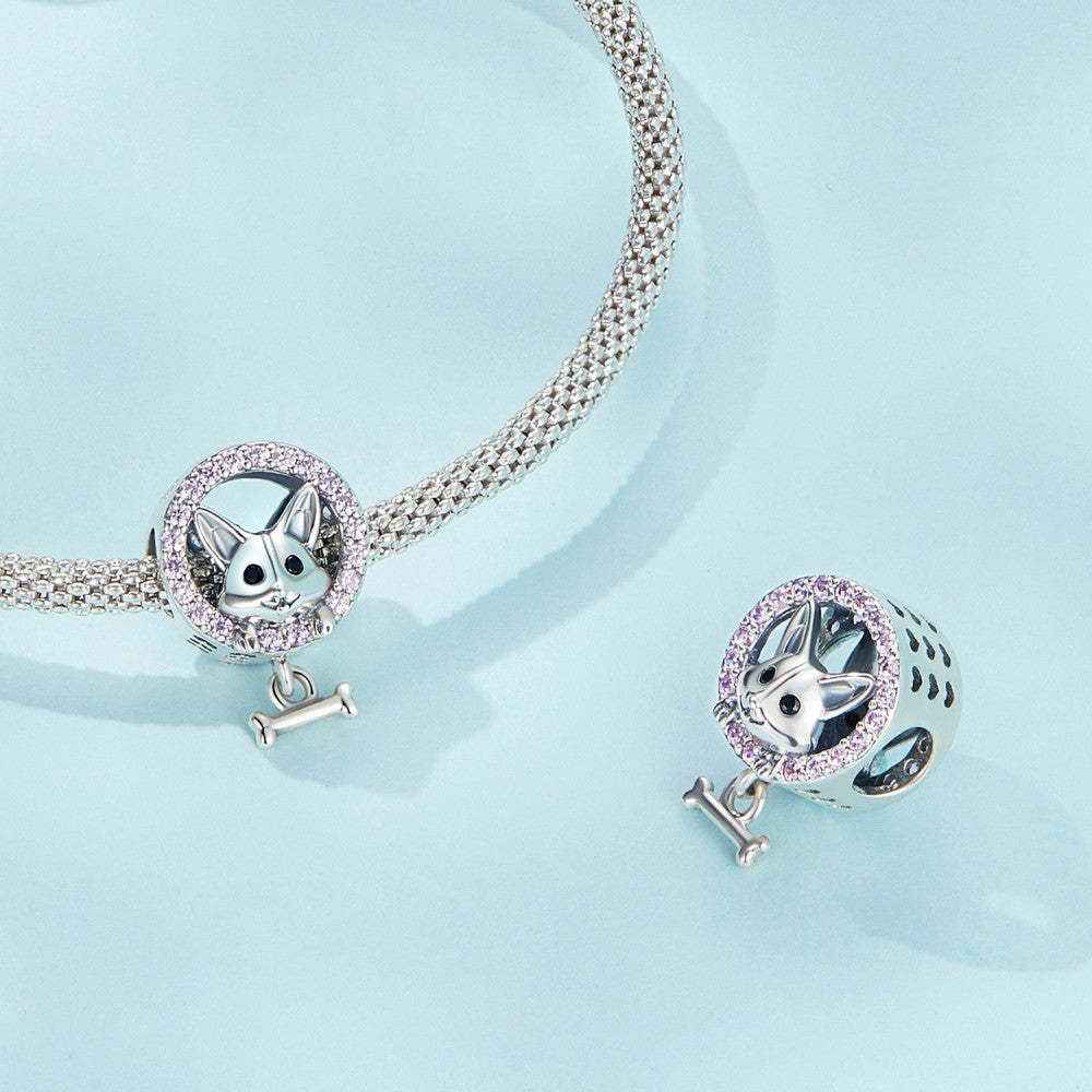 corgi dog pink zircon charm 925 sterling silver gifts for pet lover xs2141