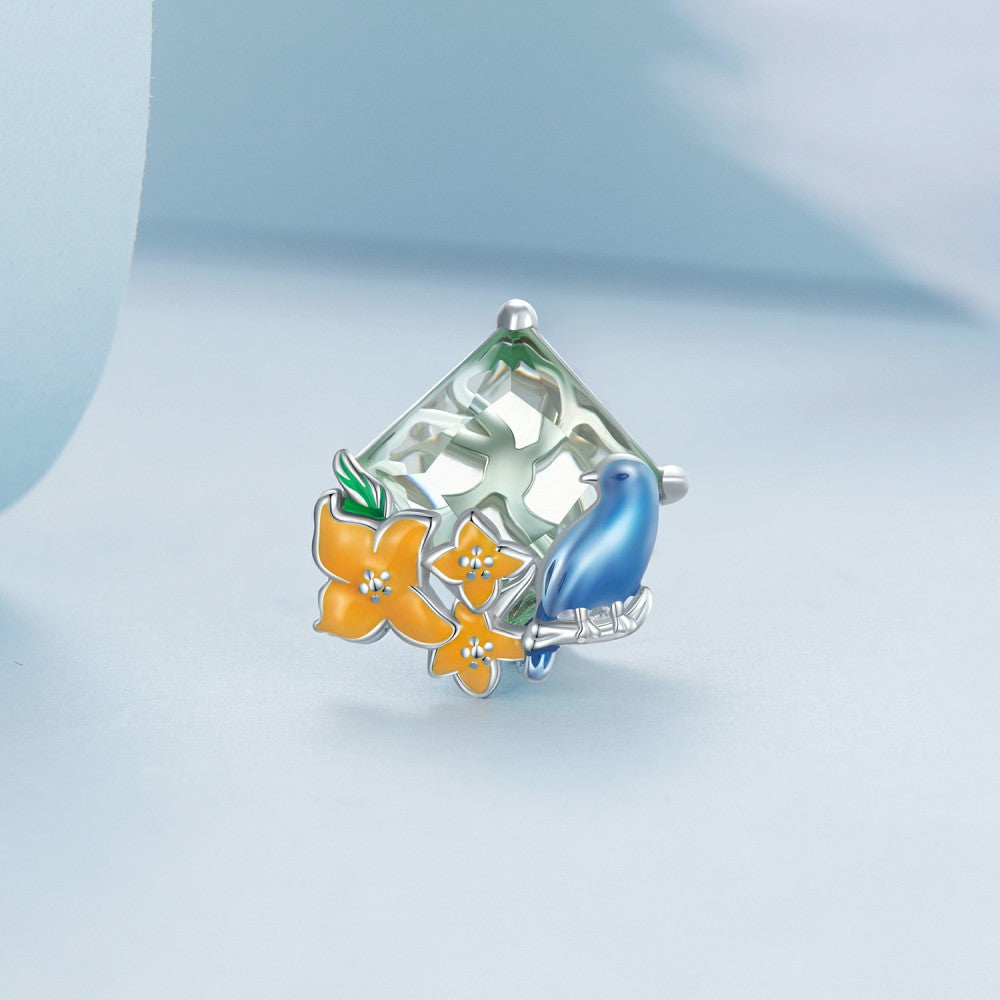 flowers and birds blue orange charm 925 sterling silver xs2187