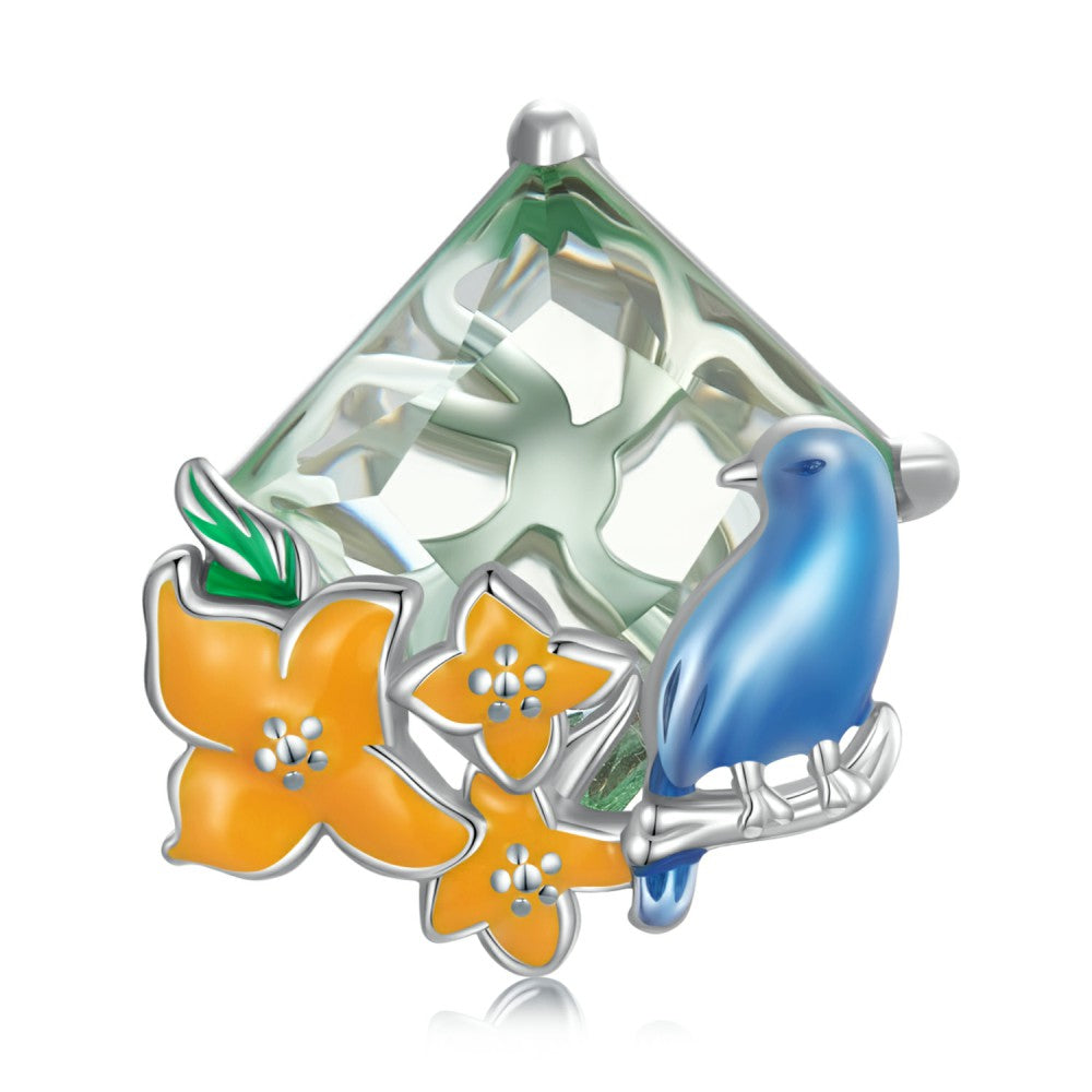 flowers and birds blue orange charm 925 sterling silver xs2187