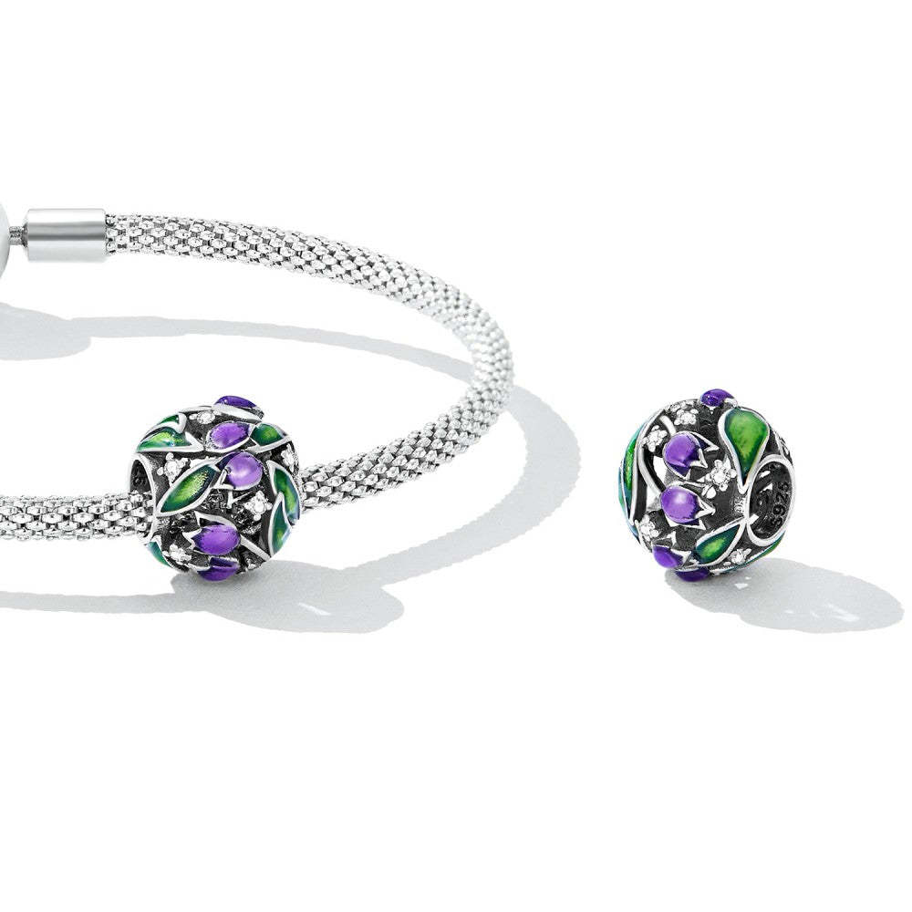 purple tulips green leaf charm 925 sterling silver xs2217