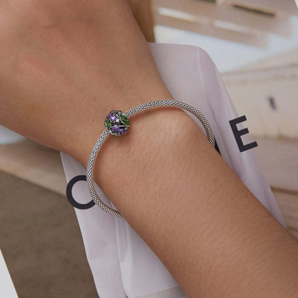 purple tulips green leaf charm 925 sterling silver xs2217