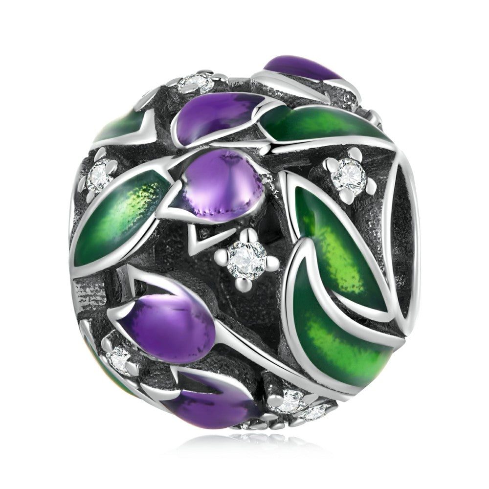 purple tulips green leaf charm 925 sterling silver xs2217