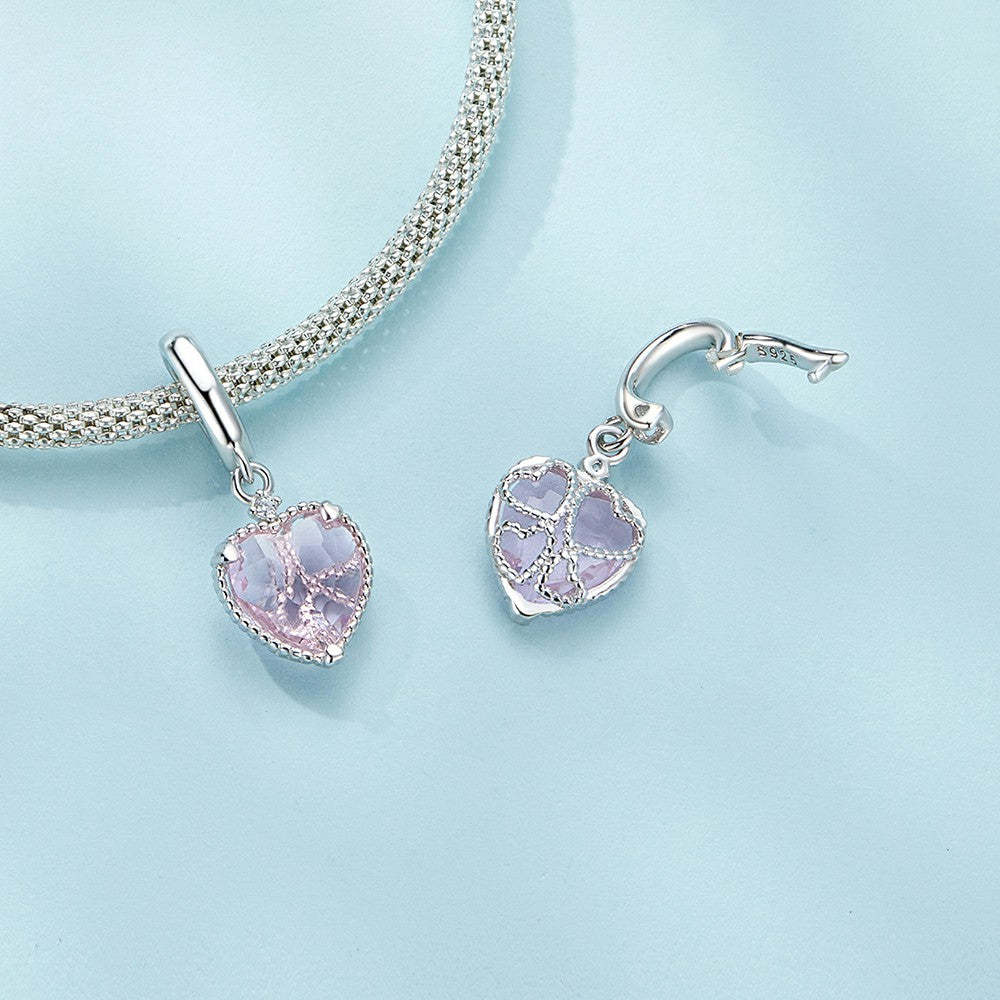 pink heart shaped opening and closing buckle dangle charm 925 sterling silver yb2259