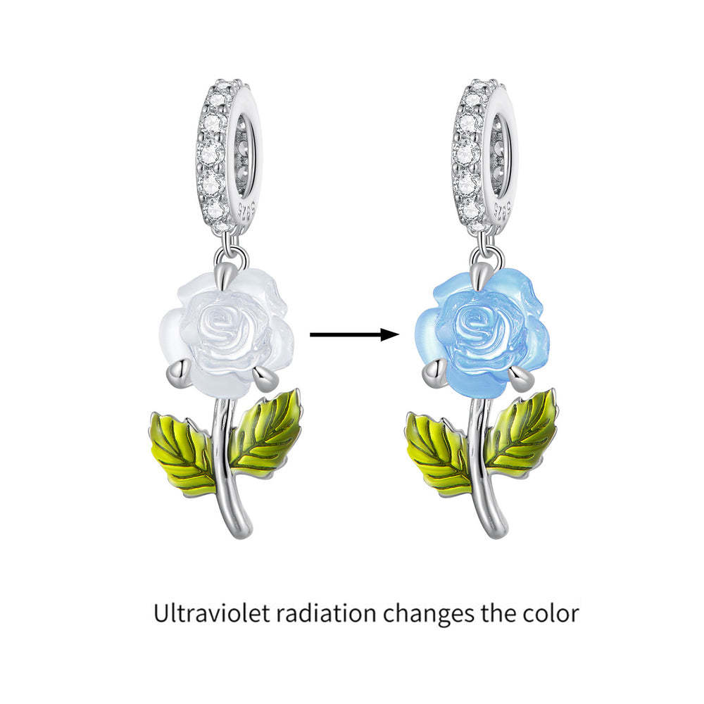 temperature discoloration crystal blue rose dangle charm 925 sterling silver yb2267