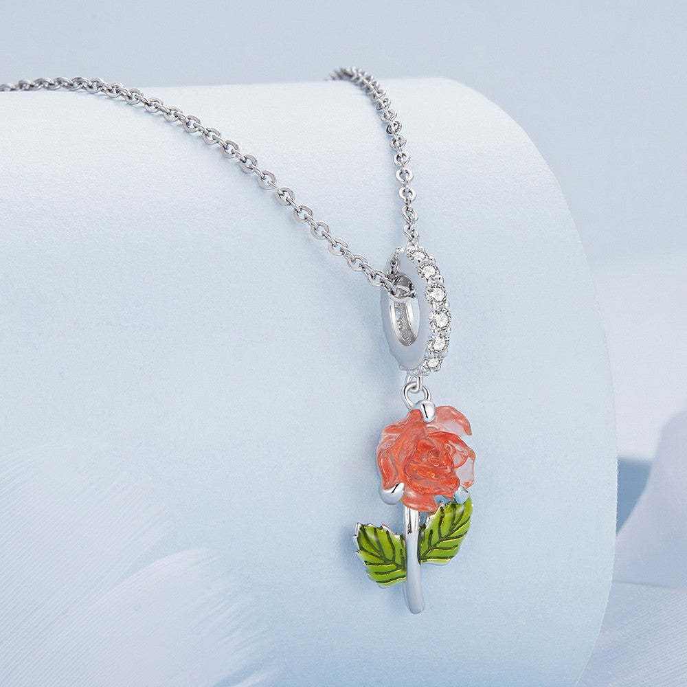 temperature discoloration crystal orange rose dangle charm 925 sterling silver yb2268