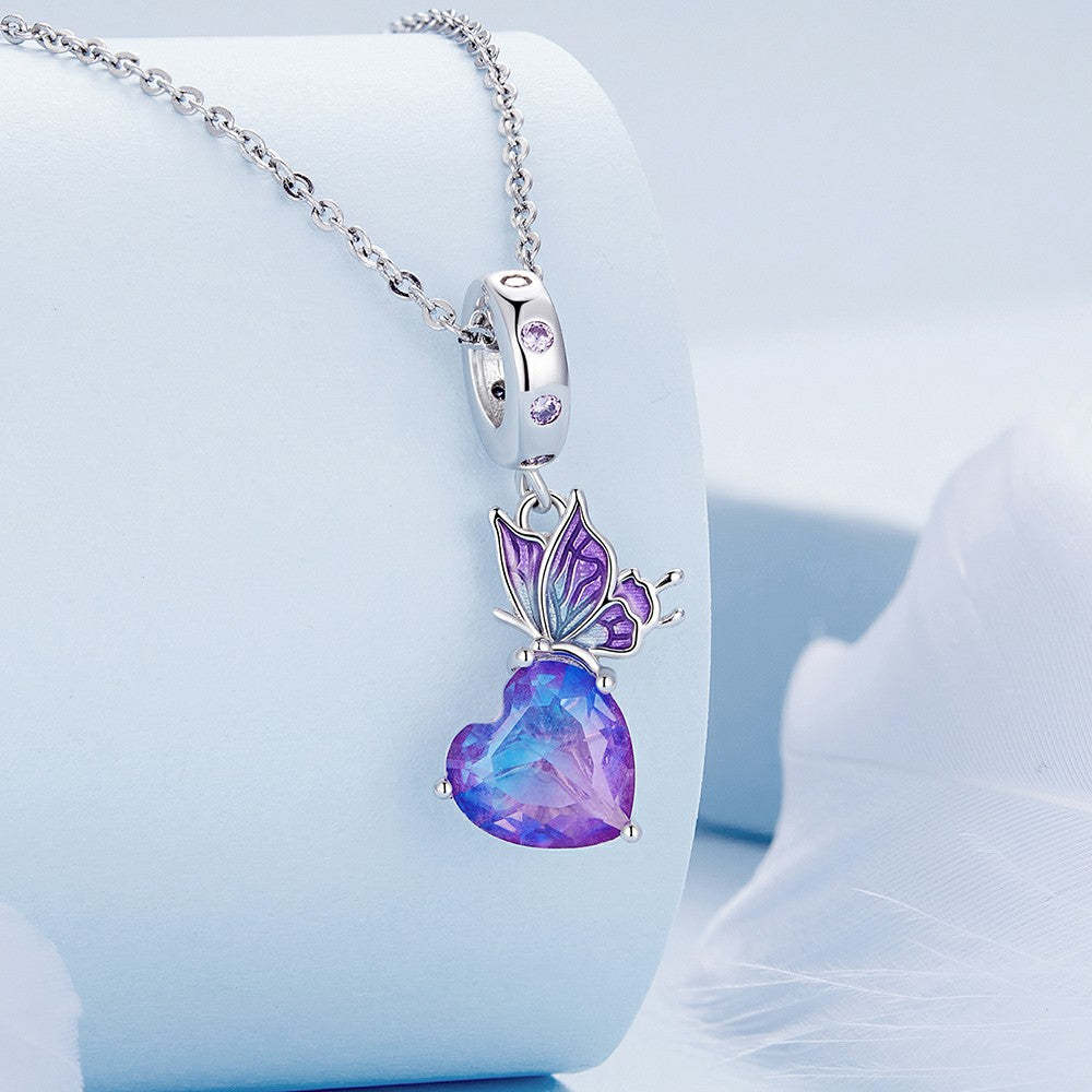 butterfly with purple heart dangle charm 925 sterling silver yb2294