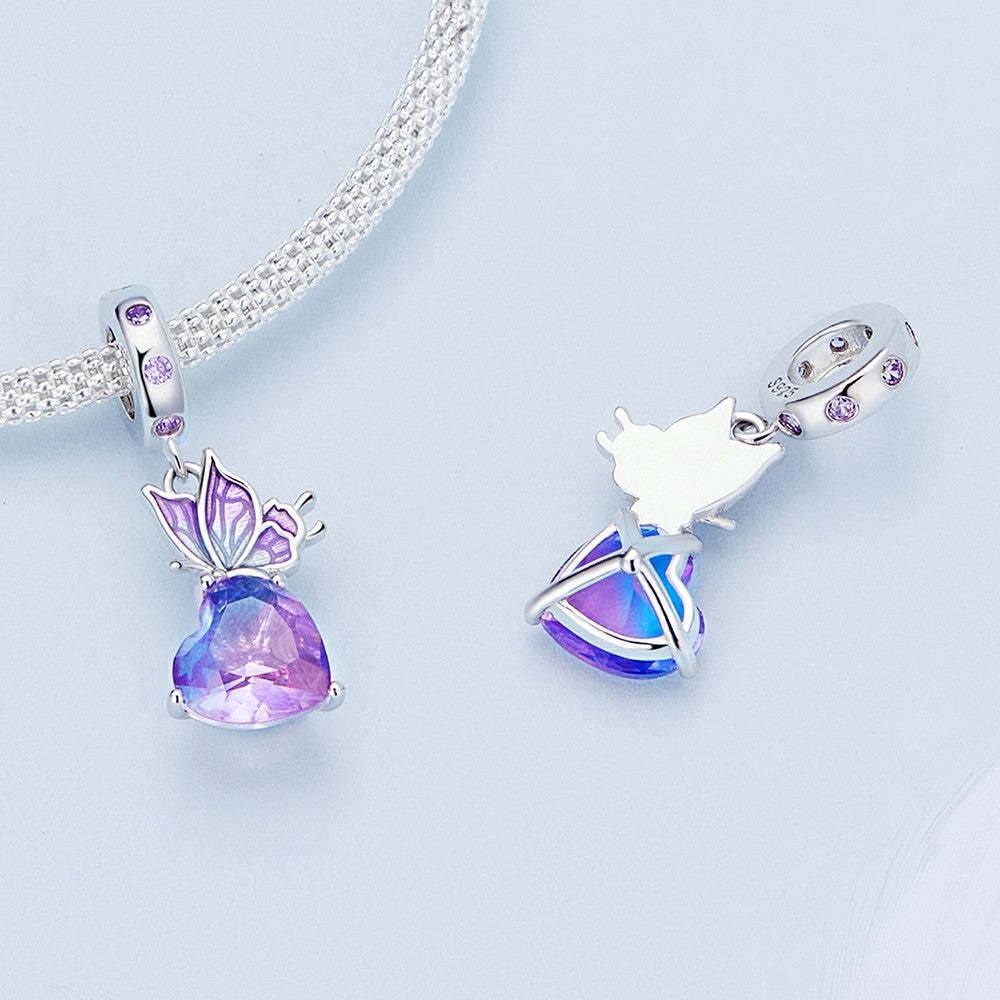 butterfly with purple heart dangle charm 925 sterling silver yb2294