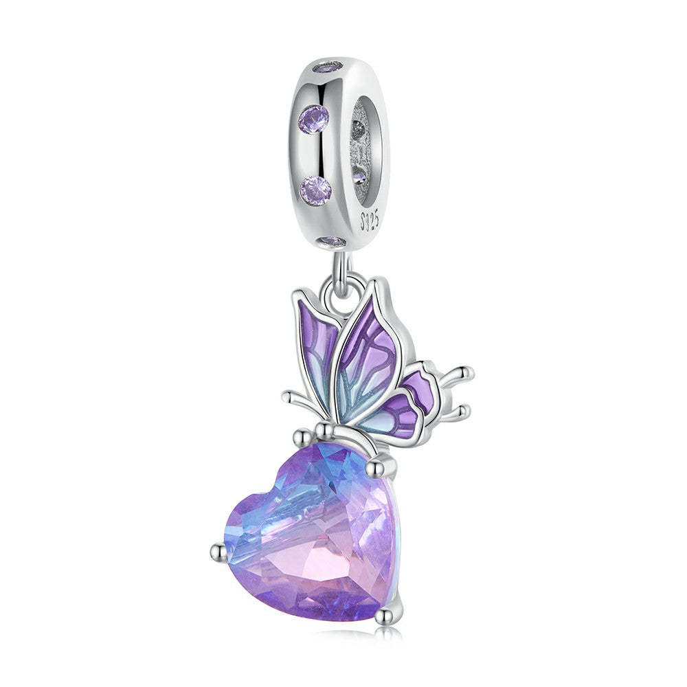 butterfly with purple heart dangle charm 925 sterling silver yb2294