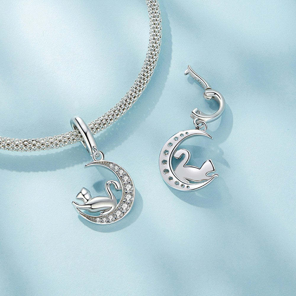 moon and cat opening and closing buckle dangle charm 925 sterling silver yb2323
