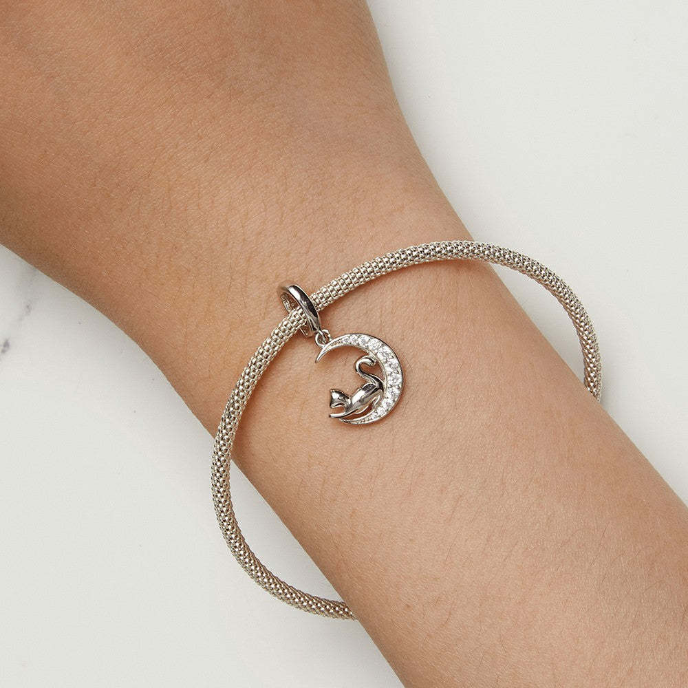 moon and cat opening and closing buckle dangle charm 925 sterling silver yb2323