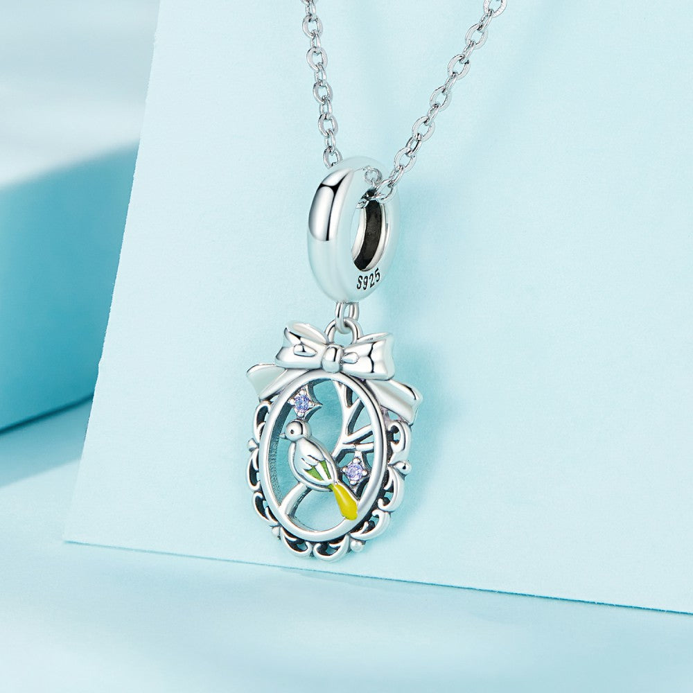 bird in mistletoe round ring dangle charm 925 sterling silver yb2402