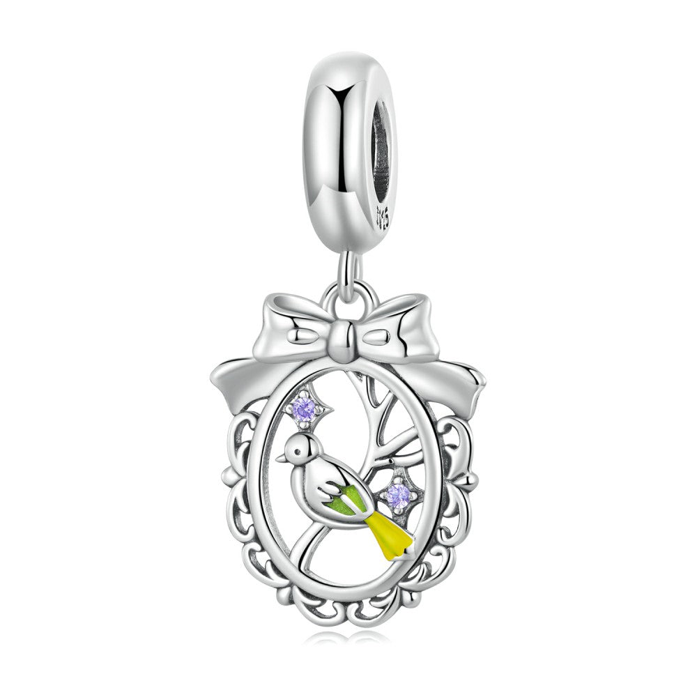 bird in mistletoe round ring dangle charm 925 sterling silver yb2402