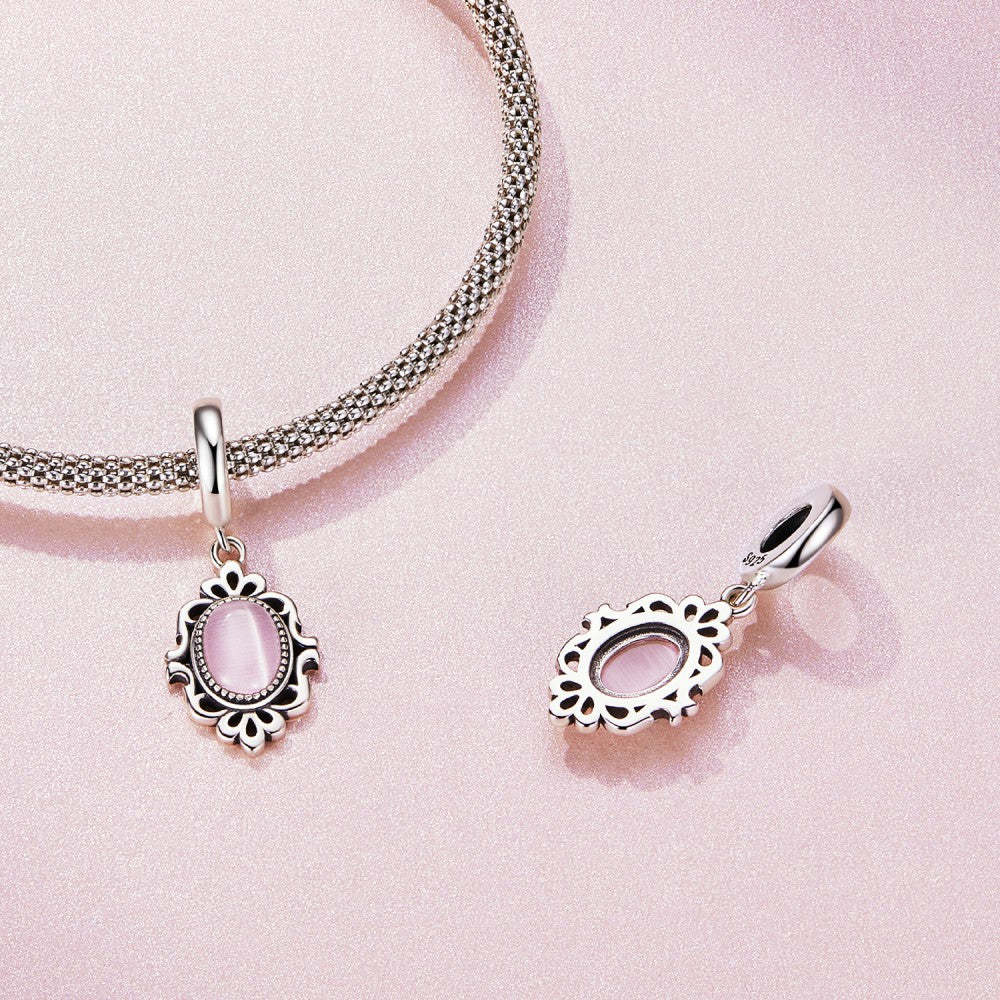 oval pink glass dangle charm 925 sterling silver yb2407