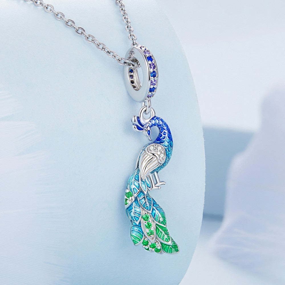 blue peacock dangle charm 925 sterling silver yb2426