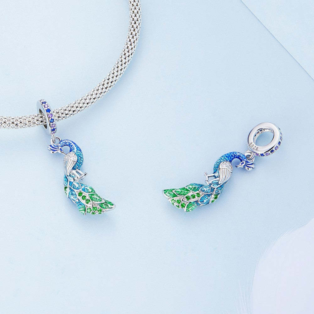 blue peacock dangle charm 925 sterling silver yb2426