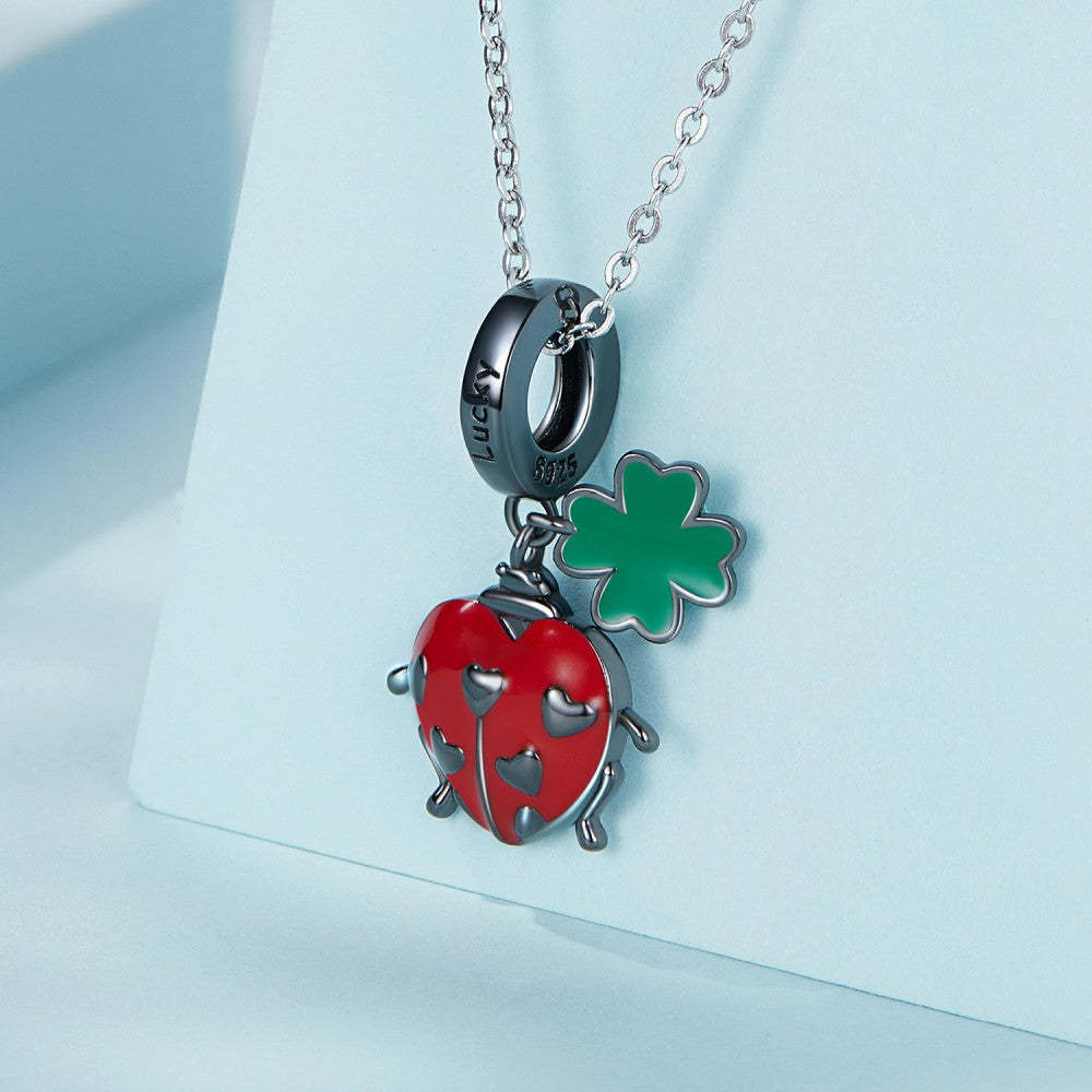 red ladybug and four leaf clover dangle charm 925 sterling silver yb2429