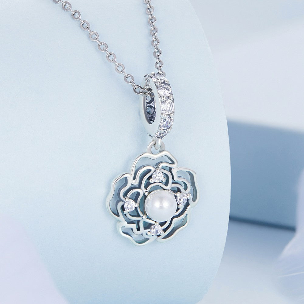 camellia with pearl dangle charm 925 sterling silver yb2430