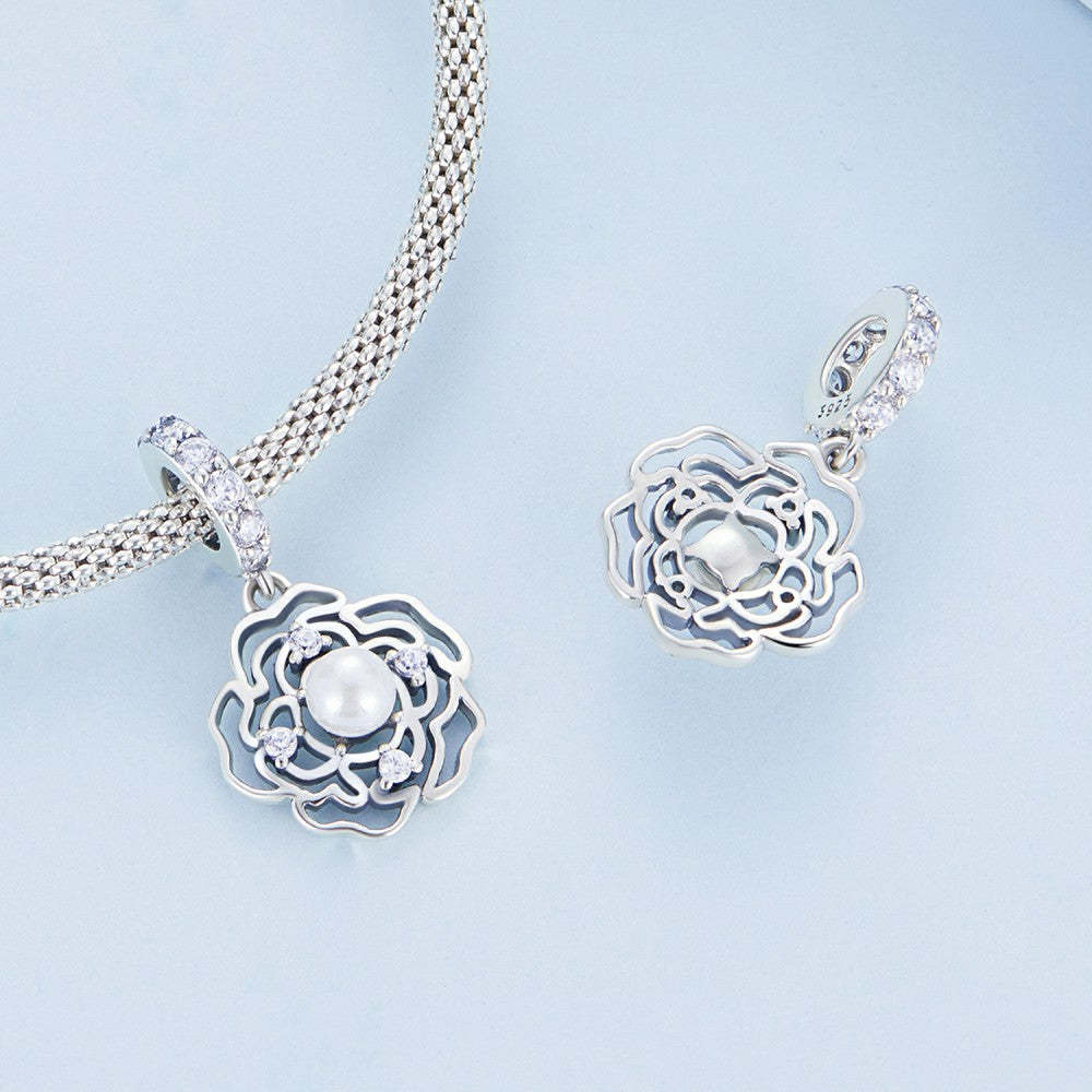 camellia with pearl dangle charm 925 sterling silver yb2430