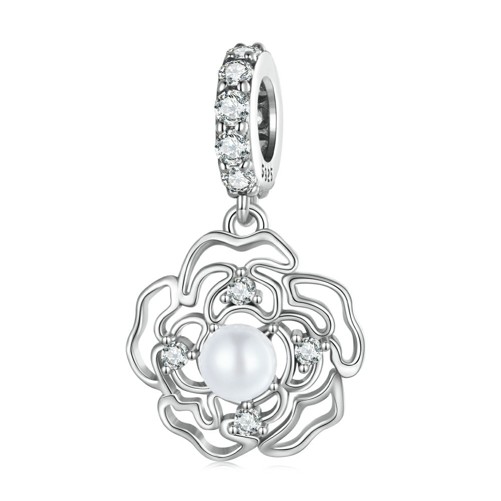camellia with pearl dangle charm 925 sterling silver yb2430