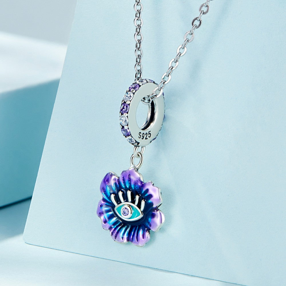 blue and purple evil eye flower dangle charm 925 sterling silver yb2434