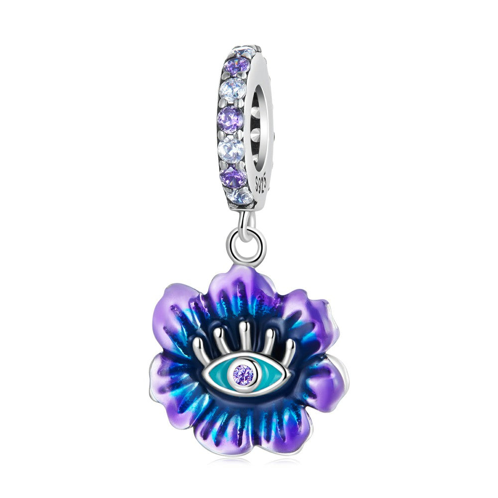 blue and purple evil eye flower dangle charm 925 sterling silver yb2434