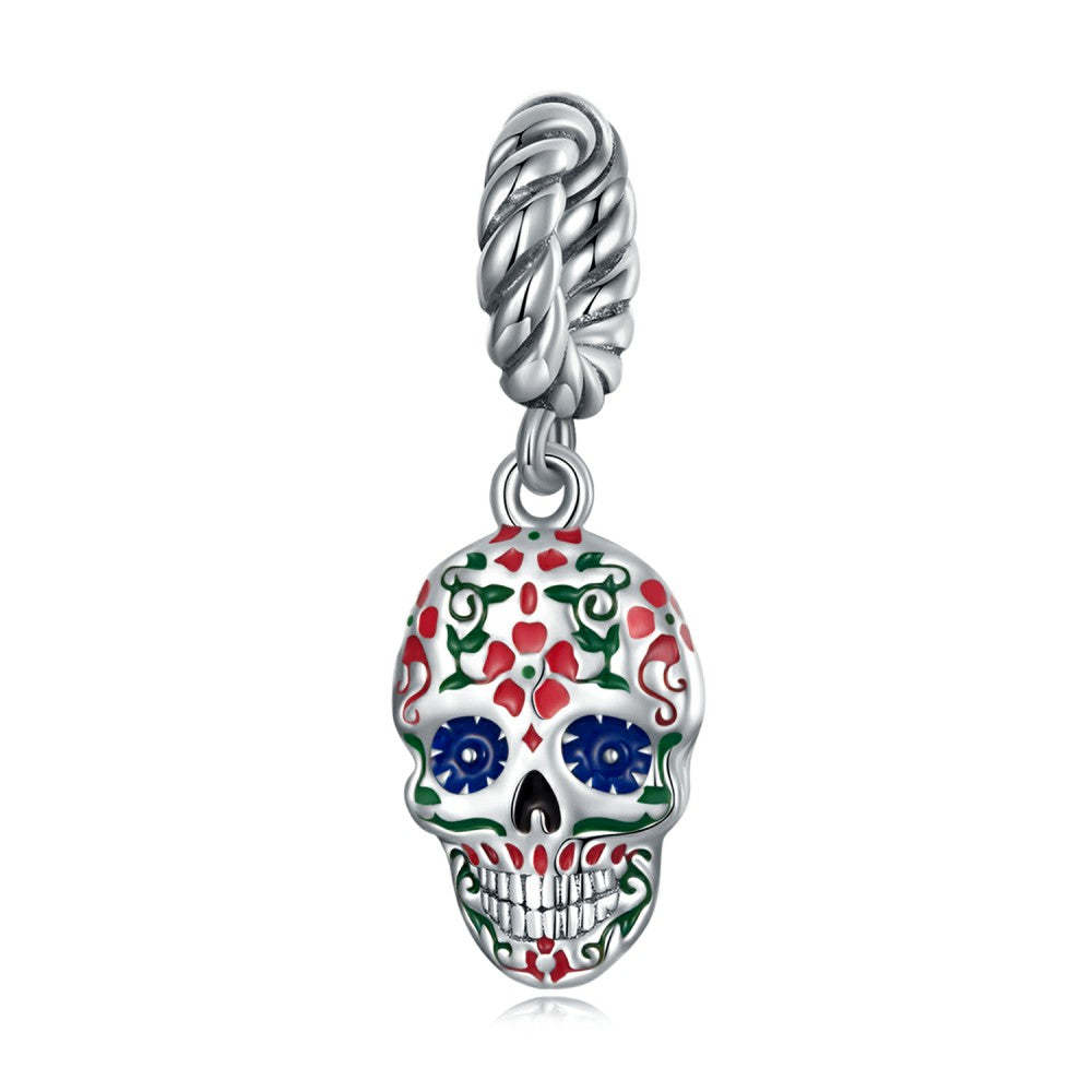 flower skull head dangle charm 925 sterling silver yb2467