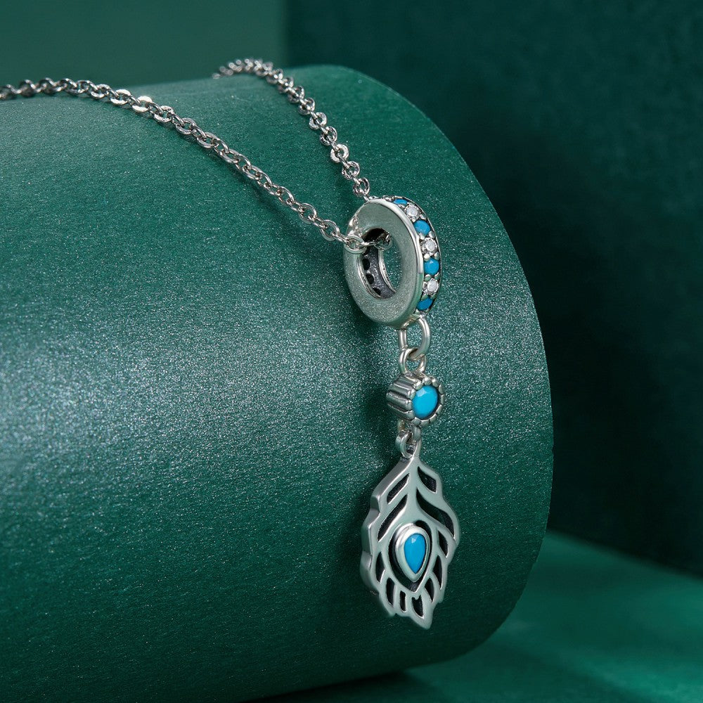 blue peacock feather dangle charm 925 sterling silver yb2469