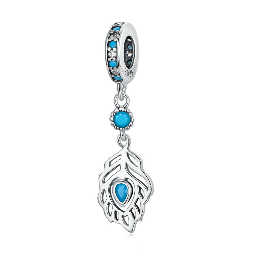 blue peacock feather dangle charm 925 sterling silver yb2469