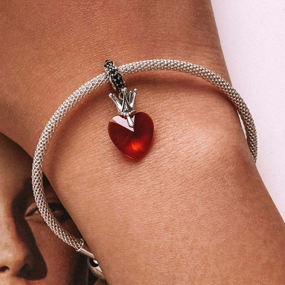 crown red heart dangle charm 925 sterling silver yb2512