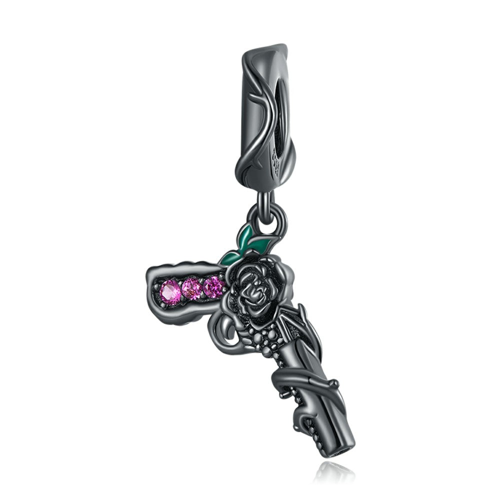 black rose pistol dangle charm 925 sterling silver yb2518