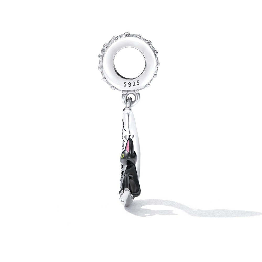 moon and black cat dangle charm 925 sterling silver yb2523