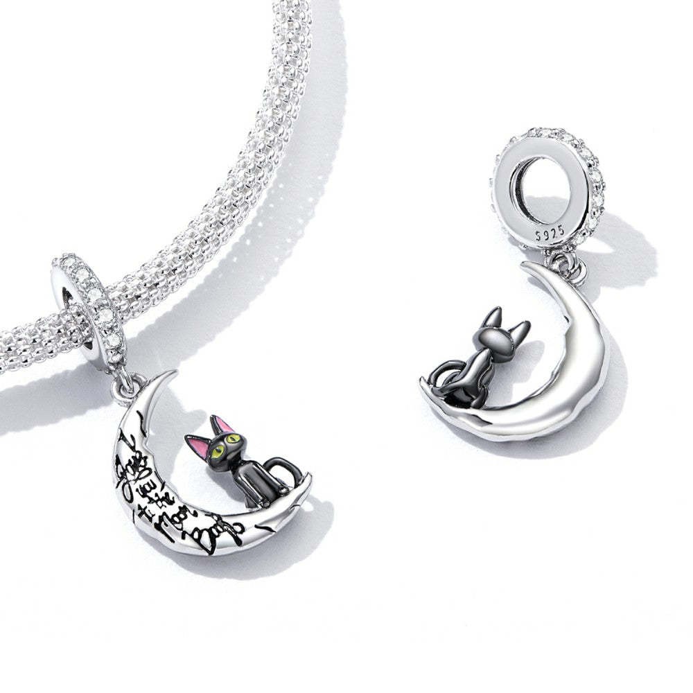 moon and black cat dangle charm 925 sterling silver yb2523