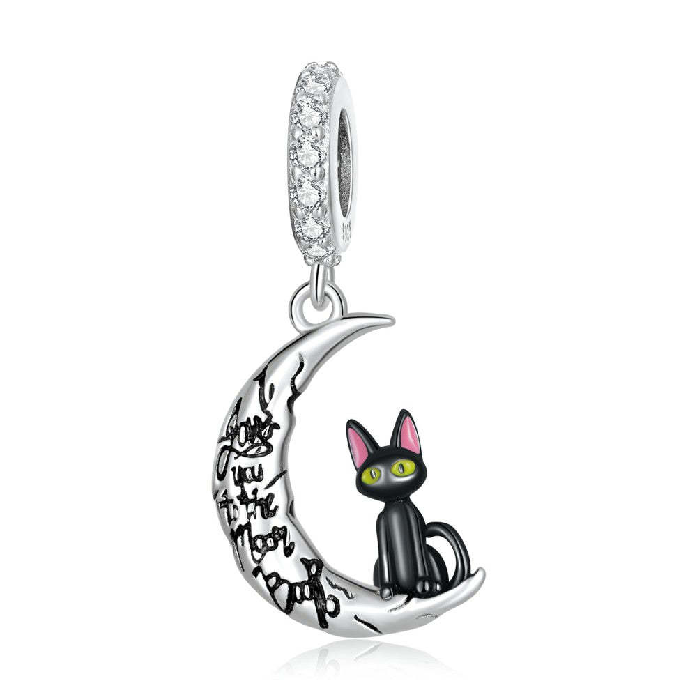 moon and black cat dangle charm 925 sterling silver yb2523