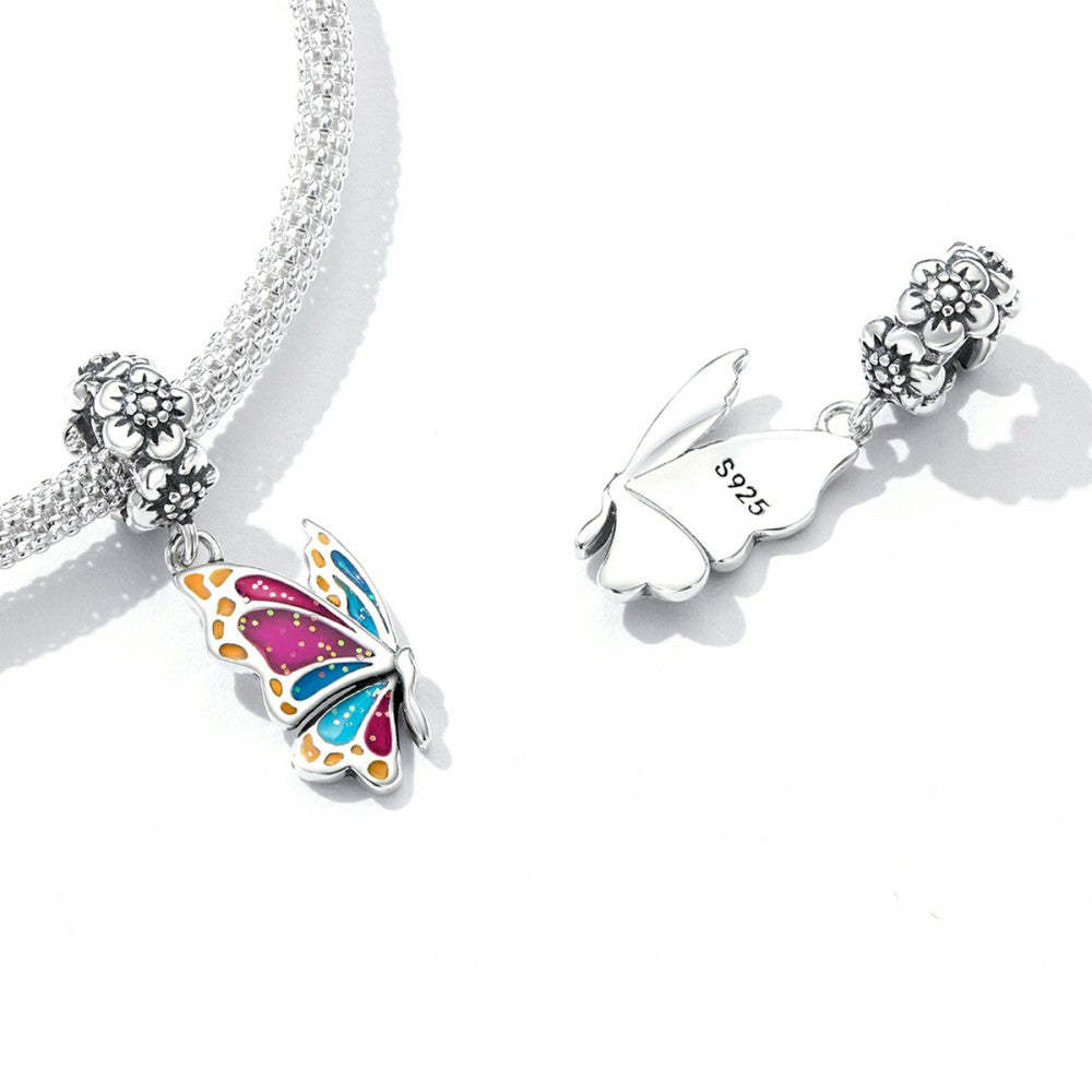 colorful butterfly and flowers dangle charm 925 sterling silver yb2534
