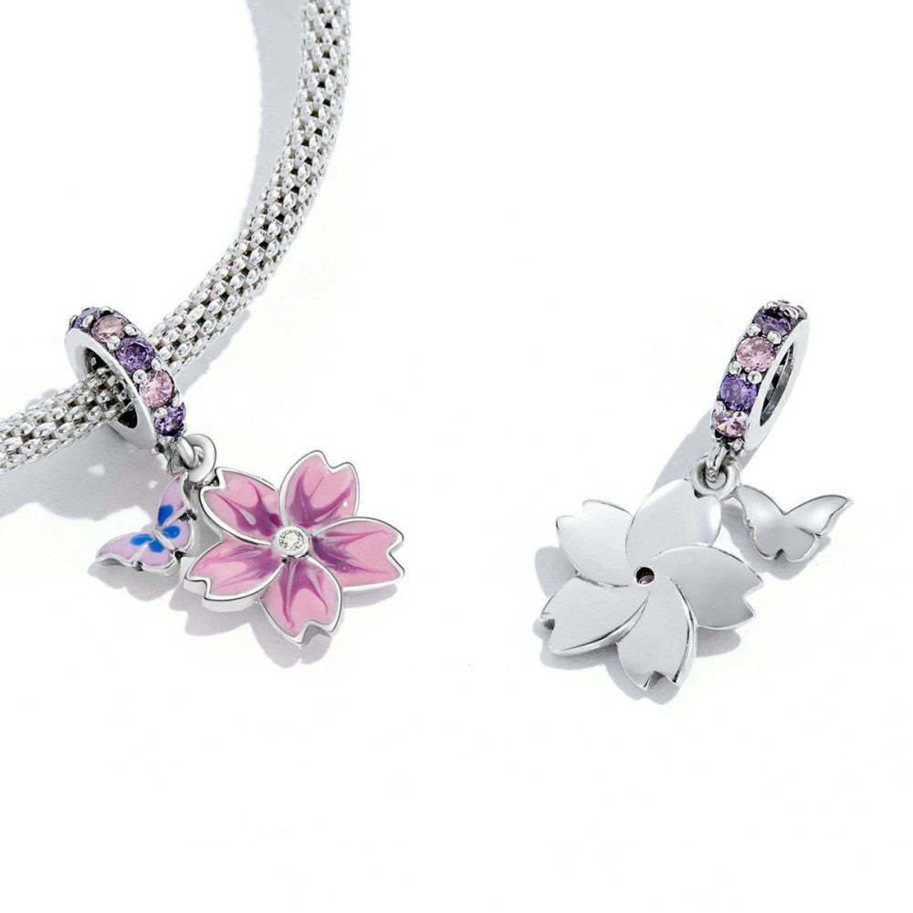 pink butterfly and flower dangle charm 925 sterling silver yb2544