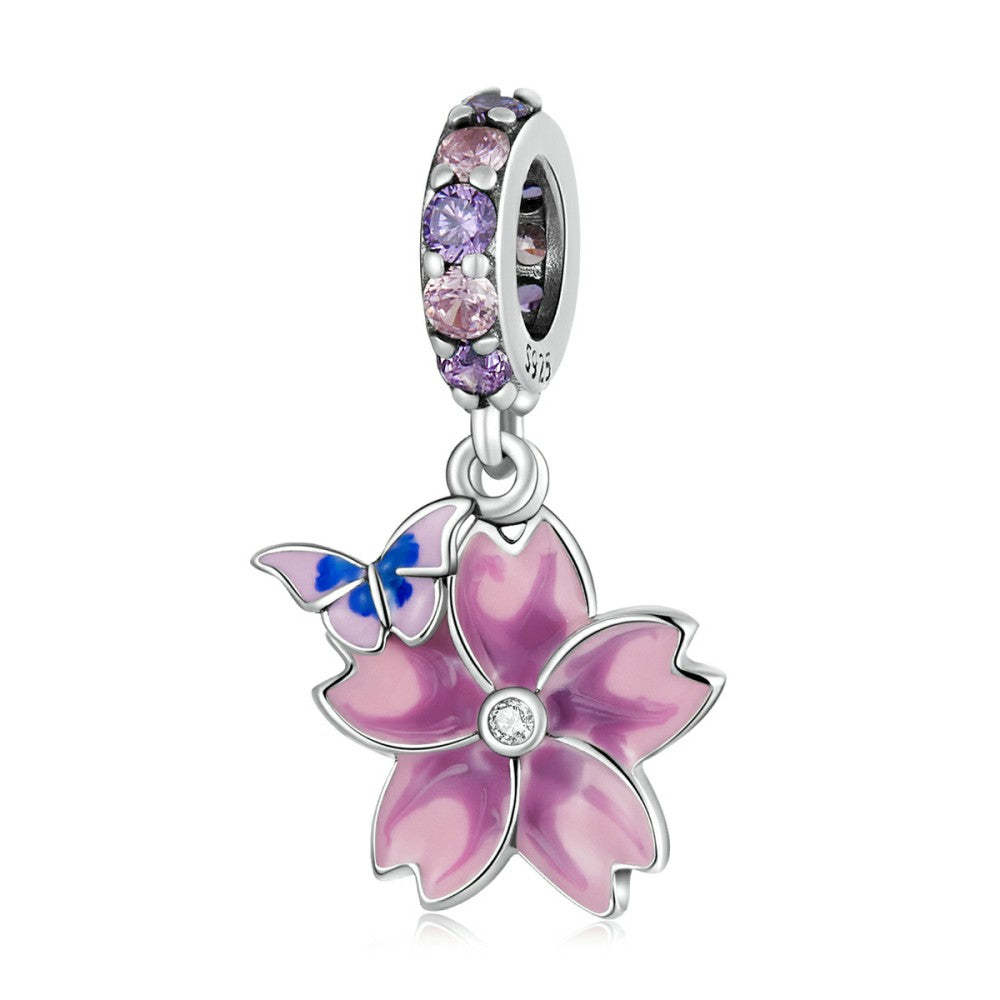 pink butterfly and flower dangle charm 925 sterling silver yb2544