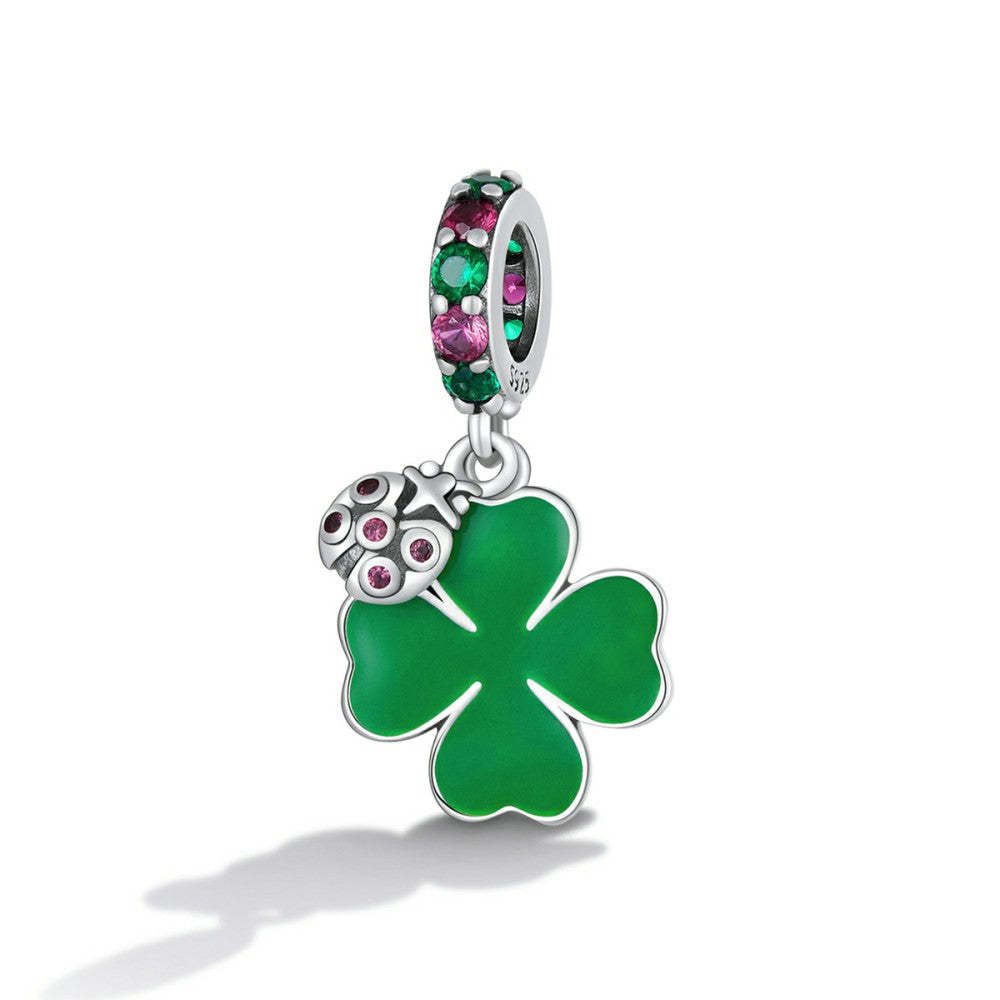 ladybug and four leaf clover dangle charm 925 sterling silver yb2546