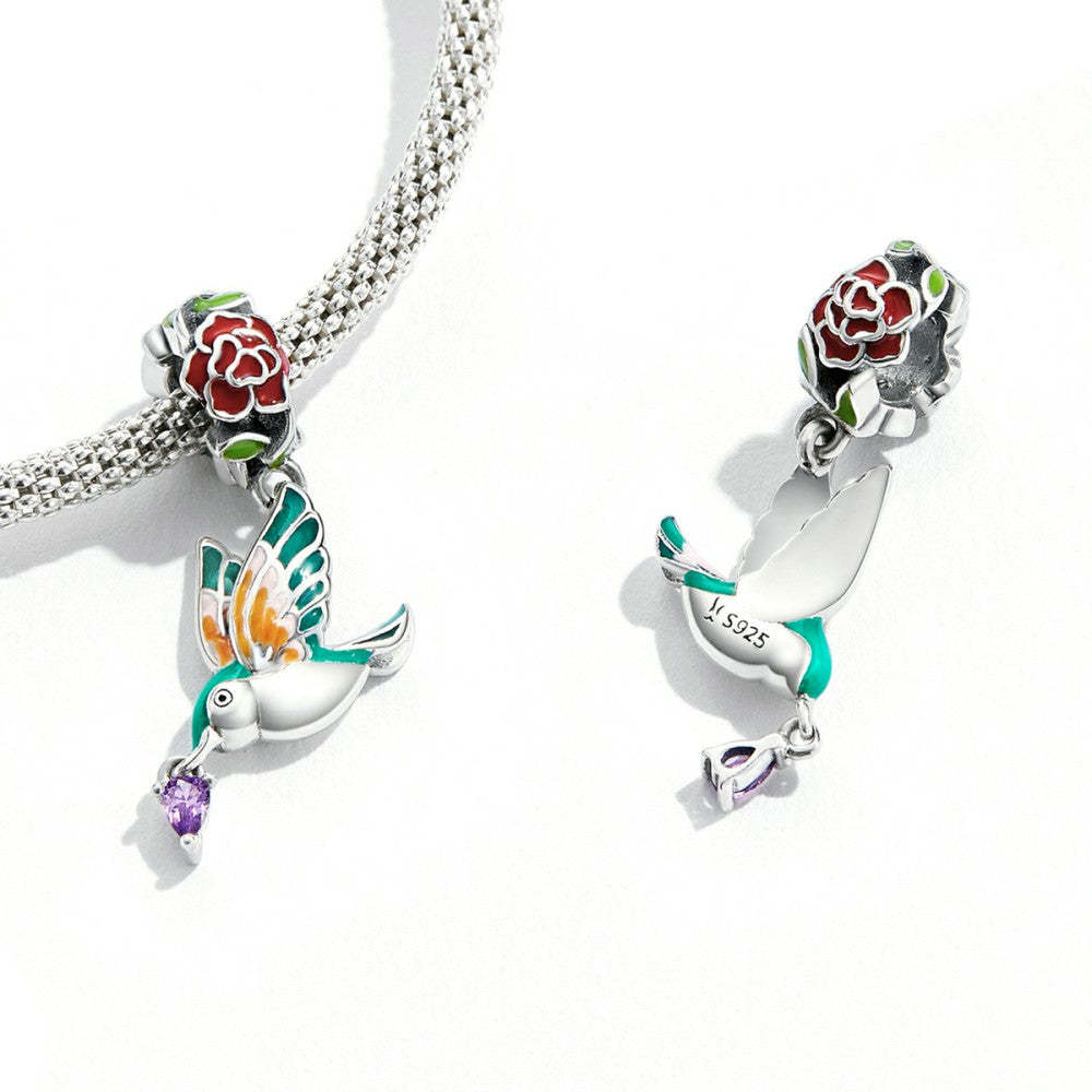 flower and bird dangle charm 925 sterling silver yb2547