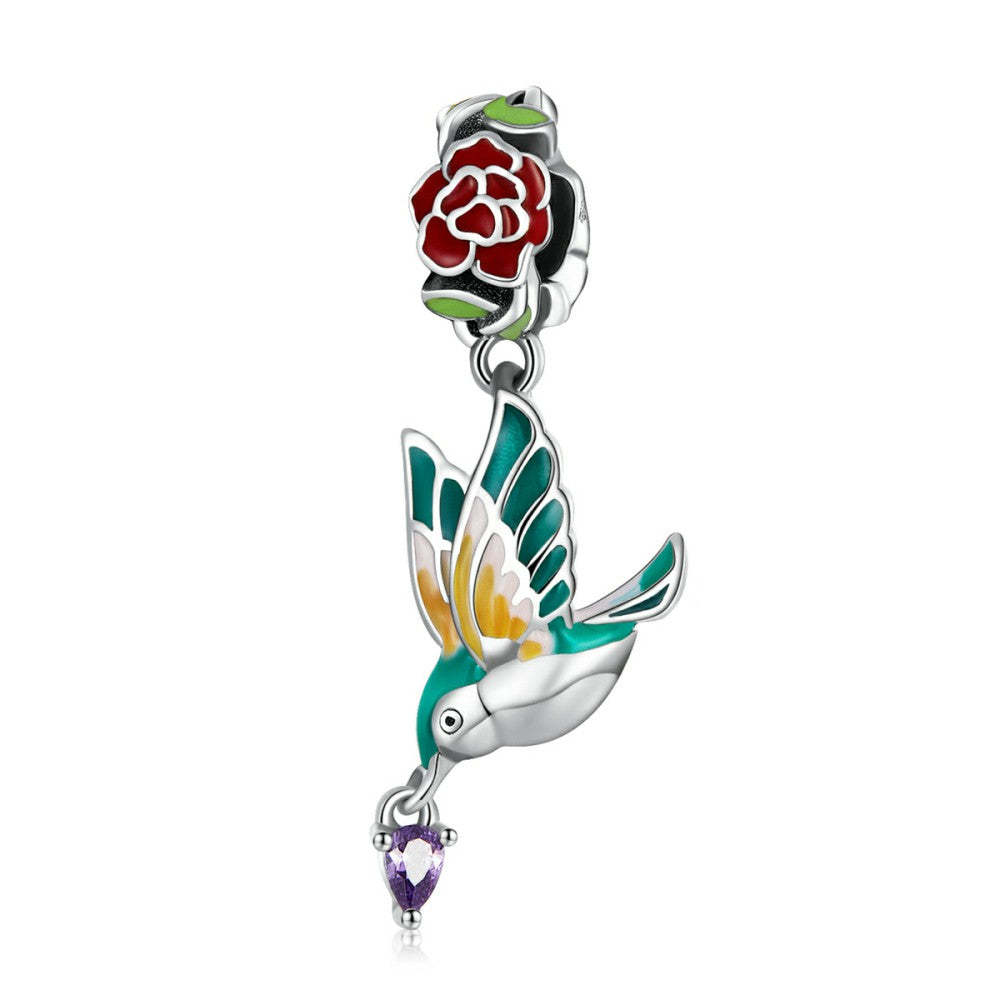 flower and bird dangle charm 925 sterling silver yb2547
