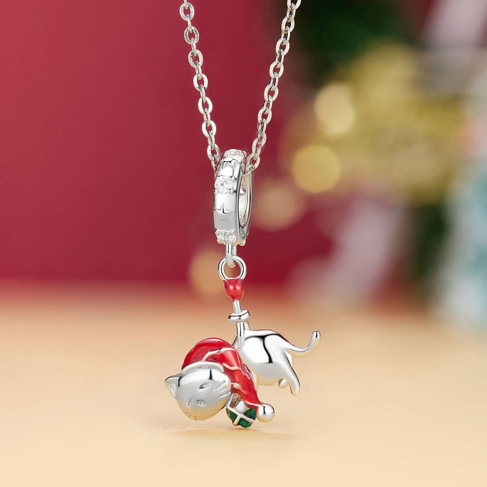 Christmas Cat Pendant Dangle Charm Silver Christmas Gifts - soufeelus