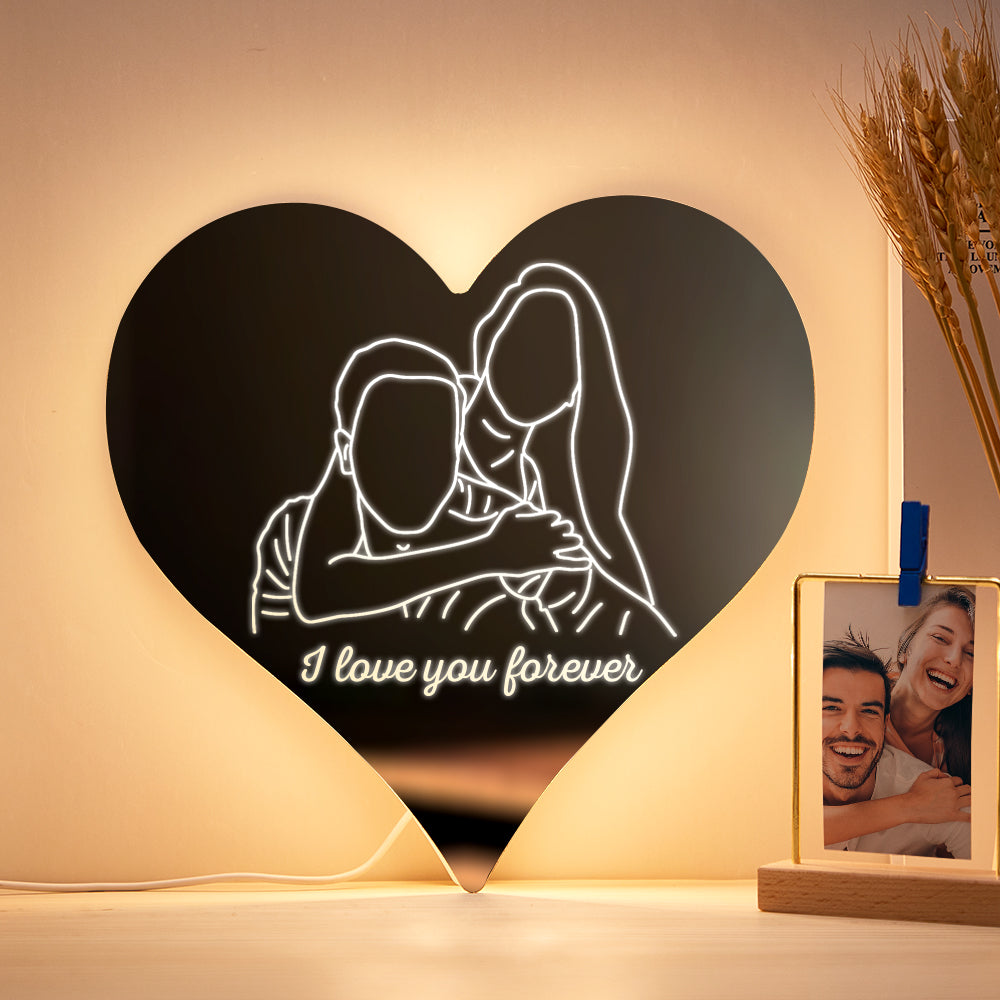 Personalized Photo Heart Mirror Colorful Lamp Line Drawing Led Night Light Exquisite Home Gifts - soufeelus