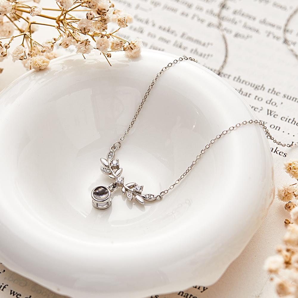 Laurel Leaf Projection Necklace Personalized Picture Inside Pendant Sterling Silver Keepsake Jewelry - soufeelus